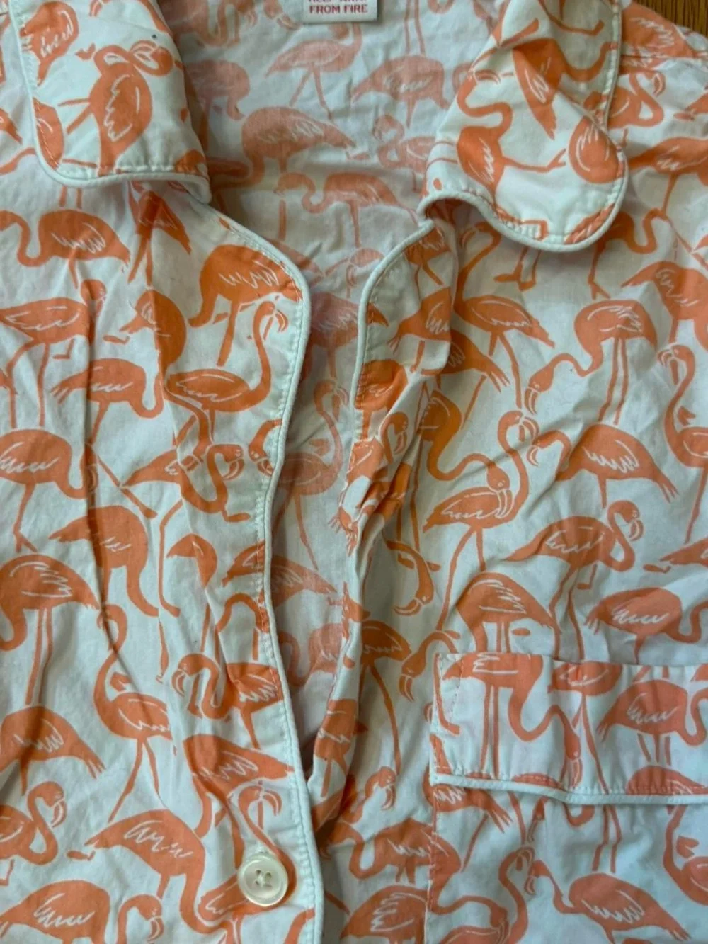 jcrew button up pajama top with coral colored flamingos